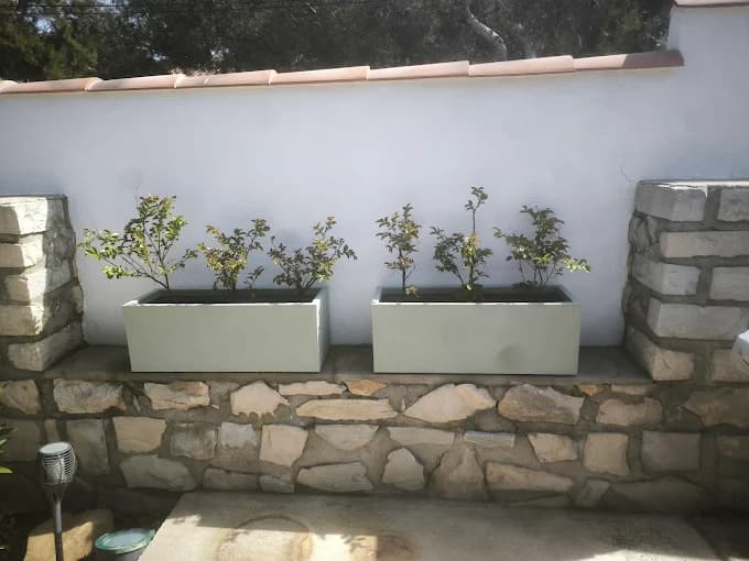 Jardinières maçonnées plantées sur un muret en pierre